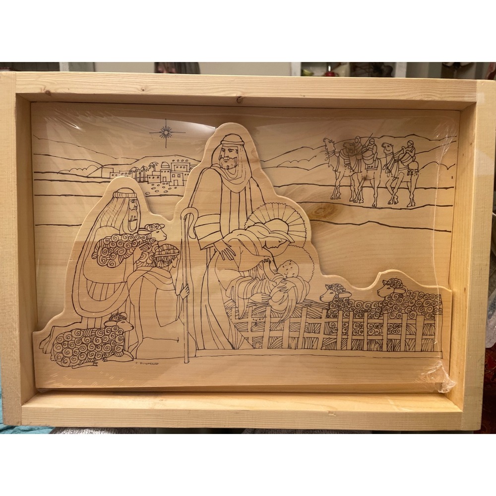 Rare New-Old Stock Pine House Nativity Box Wood Paint Unfinished DIY Christmas